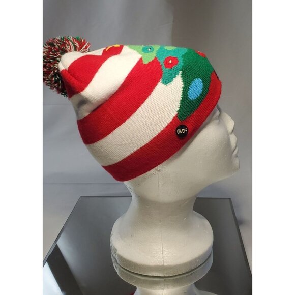 Lotsa Lites Flashing Pom Pom Beanie Hat Knitted Holiday Christmas Tree Design - Picture 3 of 7
